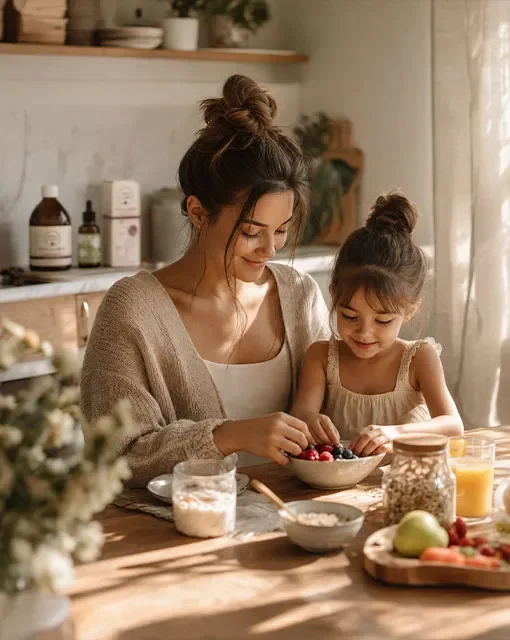 Mama z córką przygotowują śniadanie, na półce produkty Aura Care